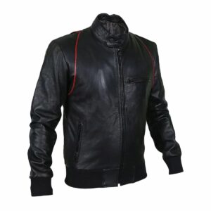 Drake Moto Black Bomber Leather Jacket right side view highlighting rib-knitted waistband and zipper pocket details