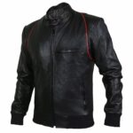 Drake Moto Black Bomber Leather Jacket left side view showing leather texture and fitted silhouette