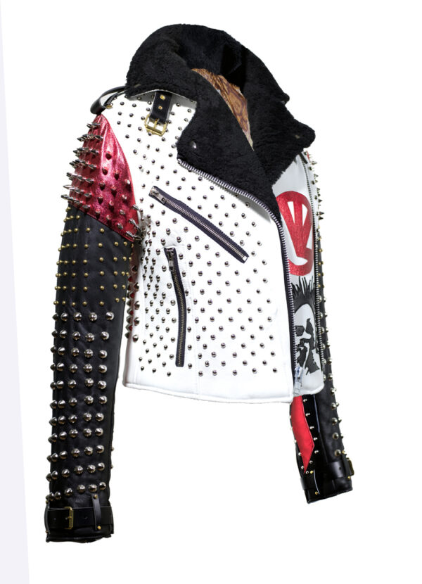 White Black And Red Studded Patches Leather Jacket - Image 3
