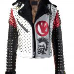 White Black And Red Studded Patches Leather Jacket