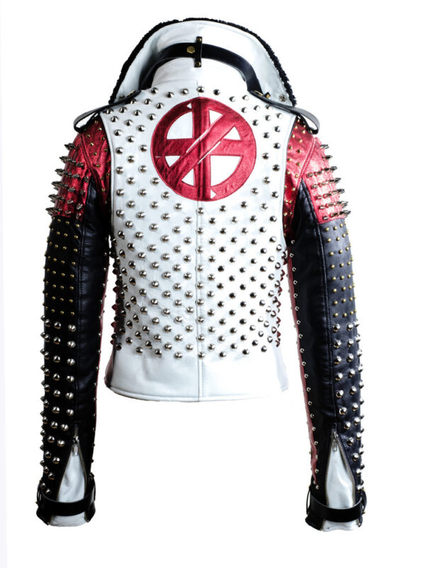 White Black And Red Studded Patches Leather Jacket - Image 2