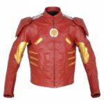 Iron Man red and gold leather jacket front view with zip-up collar and YKK zipper closure