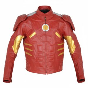 Iron Man red and gold leather jacket front view with zip-up collar and YKK zipper closure