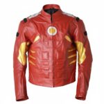 Iron Man red and gold leather jacket front view with zip-up collar and YKK zipper closure