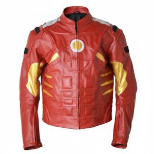 Iron Man red and gold leather jacket front view with zip-up collar and YKK zipper closure