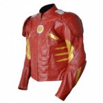 Iron Man style leather jacket left side view showing sleek red and gold design with snap cuffs