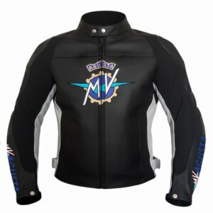 MV Agusta black white leather motorcycle jacket front view with MV AGUSTA logo, snap collar, and YKK zipper.