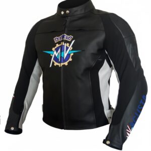 MV Agusta Motorcycle Black White Leather Jacket left side view featuring premium leather, MVAGUSTA sleeve branding, YKK zipper closure, and sporty racing design.
