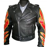 Fire Flame Men Motorbike Black Leather Jacket