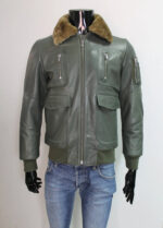 Men's Olive Green Sheepskin Fur Collar Leather Jacket