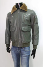 Men's Olive Green Sheepskin Fur Collar Leather Jacket