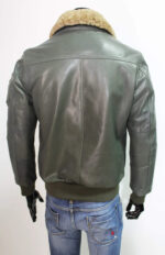 Men's Olive Green Sheepskin Fur Collar Leather Jacket