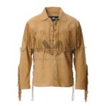 Scully Western Style Tan Suede Leather Shirt front view with premium suede leather, shirt-style collar, fringe detailing on chest and sleeves, and lace-up front closure in tan color.