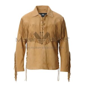 Scully Western Style Tan Suede Leather Shirt front view with premium suede leather, shirt-style collar, fringe detailing on chest and sleeves, and lace-up front closure in tan color.