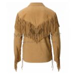 Scully Western Style Tan Suede Leather Shirt back view showcasing full fringe detailing on back panel, premium tan suede leather finish, and Western-style design with flowing fringe accents
