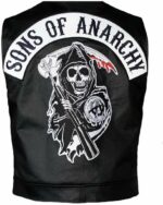 Sons of Anarchy black leather vest back view featuring bold SONS OF ANARCHY skull patch, premium leather finish, biker style design inspired by TV series.