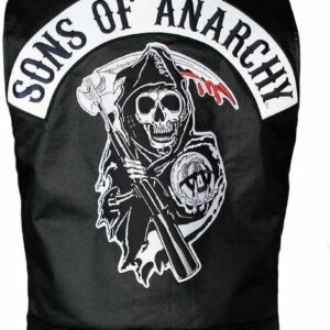 Sons of Anarchy black leather vest back view featuring bold SONS OF ANARCHY skull patch, premium leather finish, biker style design inspired by TV series.