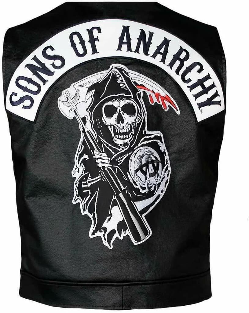 Sons-Of-Anarchy-Black-Leather-Vest-1 Sons of Anarchy black leather vest back view featuring bold SONS OF ANARCHY skull patch, premium leather finish, biker style design inspired by TV series.