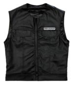 Sons of Anarchy black leather vest front view with zipper closure, round neck collar, and SONS ANARCHY spell patch on left chest, inspired by Jax Teller character.