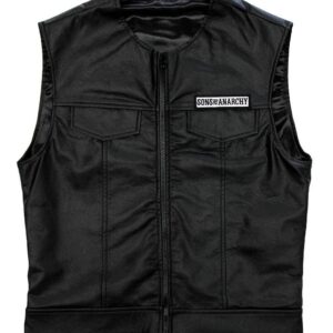 Sons of Anarchy black leather vest front view with zipper closure, round neck collar, and SONS ANARCHY spell patch on left chest, inspired by Jax Teller character.