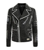 Stitched Studded Fashion Punk Rockers Black Leather Jacket