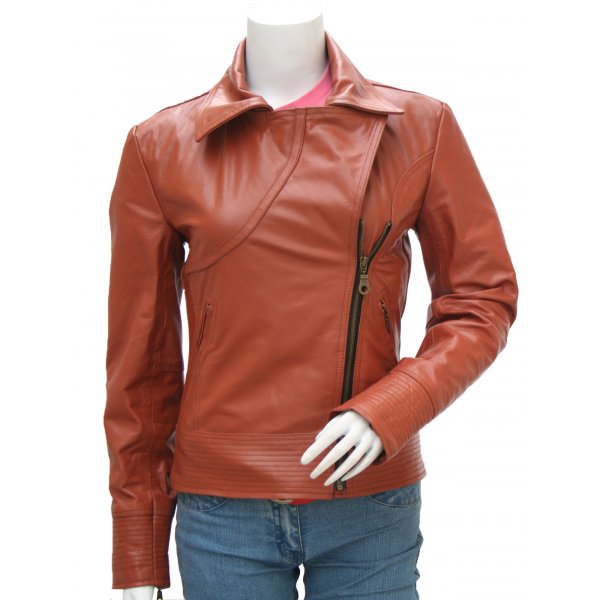 Stunning Pointed Collar Cognac Leather Jacket for Women (5) Stunning Pointed Collar Cognac Leather Jacket for Women - Image 1