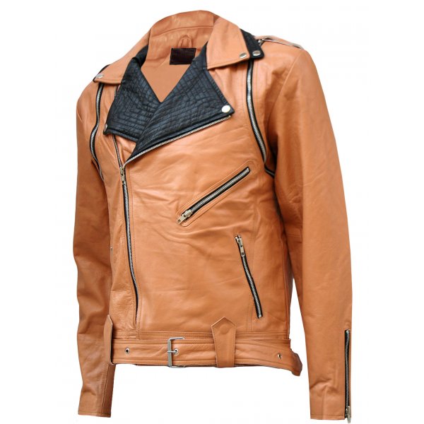 Tan & Black Draped Leather Jacket for Men - (1) Tan & Black Draped Leather Jacket - Image 1