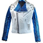 Victor Luna Dead Star Tech White Blue Studded Leather Jacket