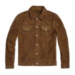 Western style brown suede leather jacket front view with shirt collar, button closure and snap cuffs