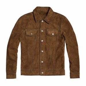 Western style brown suede leather jacket front view with shirt collar, button closure and snap cuffs