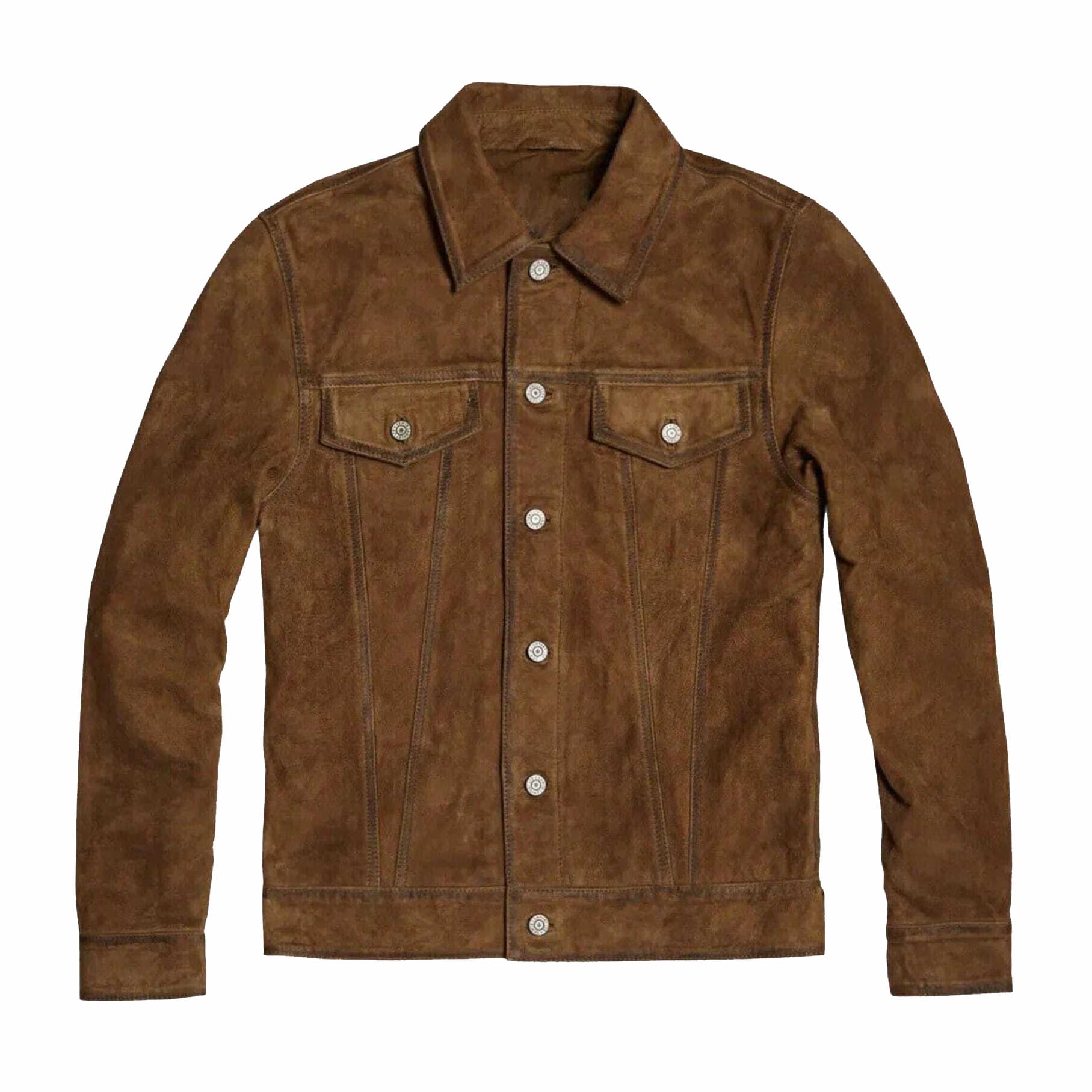 Western-Style-Brown-Suede-Leather-Jacket-1 Western style brown suede leather jacket front view with shirt collar, button closure and snap cuffs