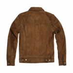 Western style brown suede leather jacket back view with clean design and open hem waistband