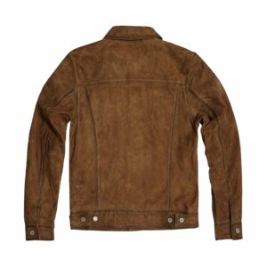 Western style brown suede leather jacket back view with clean design and open hem waistband
