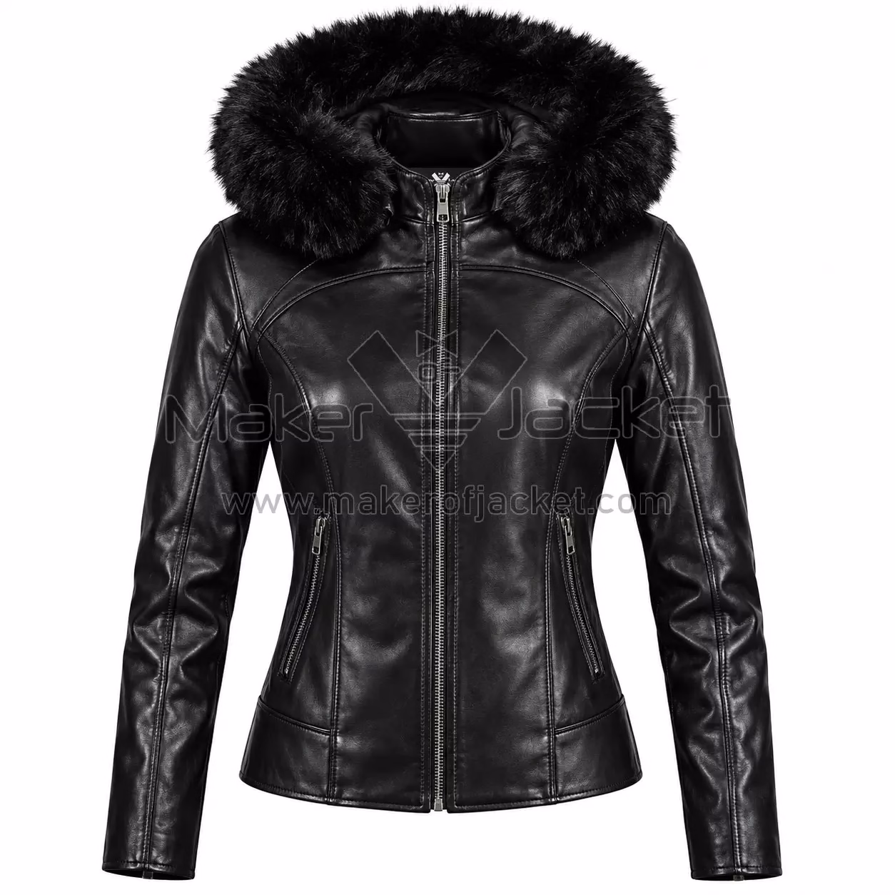 Womens-Black-Fur-Hooded-Jacket-Front-Image Women's Black Fur Hooded Jacket