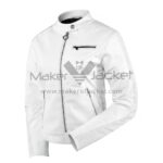 Women’s Retro Classic White Leather Jacket Front View with Snap Collar, YKK Zipper Closure, Zipper Cuffs, Strap Waistband, and Three Front Zipper Pockets.