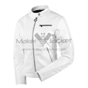 Women’s Retro Classic White Leather Jacket Front View with Snap Collar, YKK Zipper Closure, Zipper Cuffs, Strap Waistband, and Three Front Zipper Pockets.