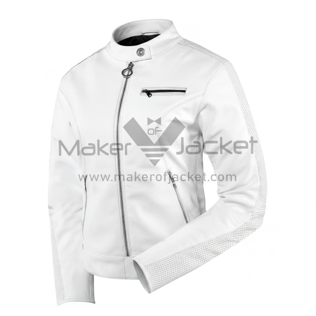 Women's-Retro-Classic-White-Leather-Jacket-1 Women’s Retro Classic White Leather Jacket Front View with Snap Collar, YKK Zipper Closure, Zipper Cuffs, Strap Waistband, and Three Front Zipper Pockets.