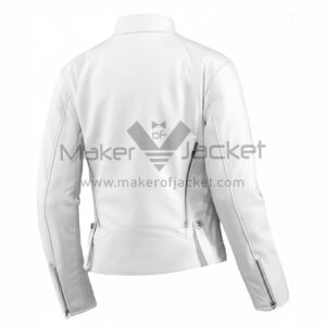 Women’s Retro Classic White Leather Jacket Back View with Stylish Dual Back Zipper Design, Premium Leather Finish, and Fitted Retro Style Cut.