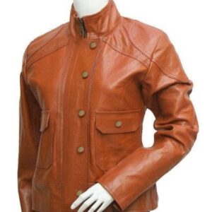 Women’s tan brown slim fit leather jacket front view with zip-up collar, zipper cuffs, and flap pockets