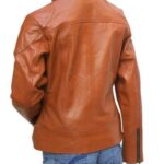 Women’s tan brown slim fit leather jacket back view with clean design and open hem waistband