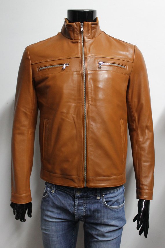 handmade-men-soft-genuine (3) Men soft genuine lambskin leather jacket color tan - Image 1