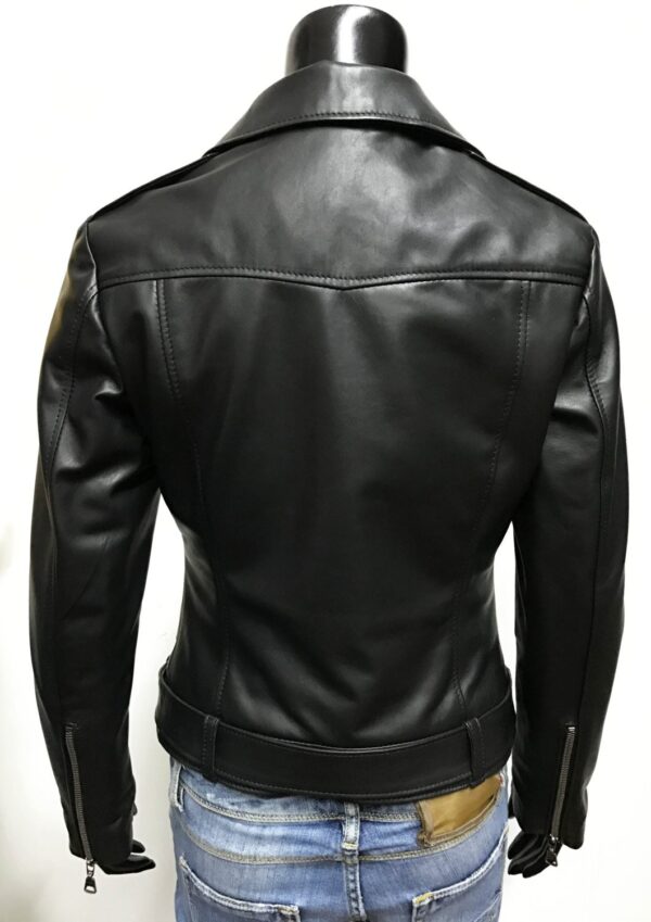 Women genuine leather biker jacket belted slim fit black - Image 2