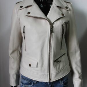 Women genuine leather biker jacket slim fit color Ivory