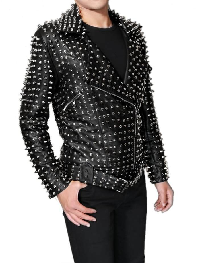punk Full Silver studded black motorcycle jacket coat (2) punk Full Silver studded black motorcycle jacket coat - Image 1