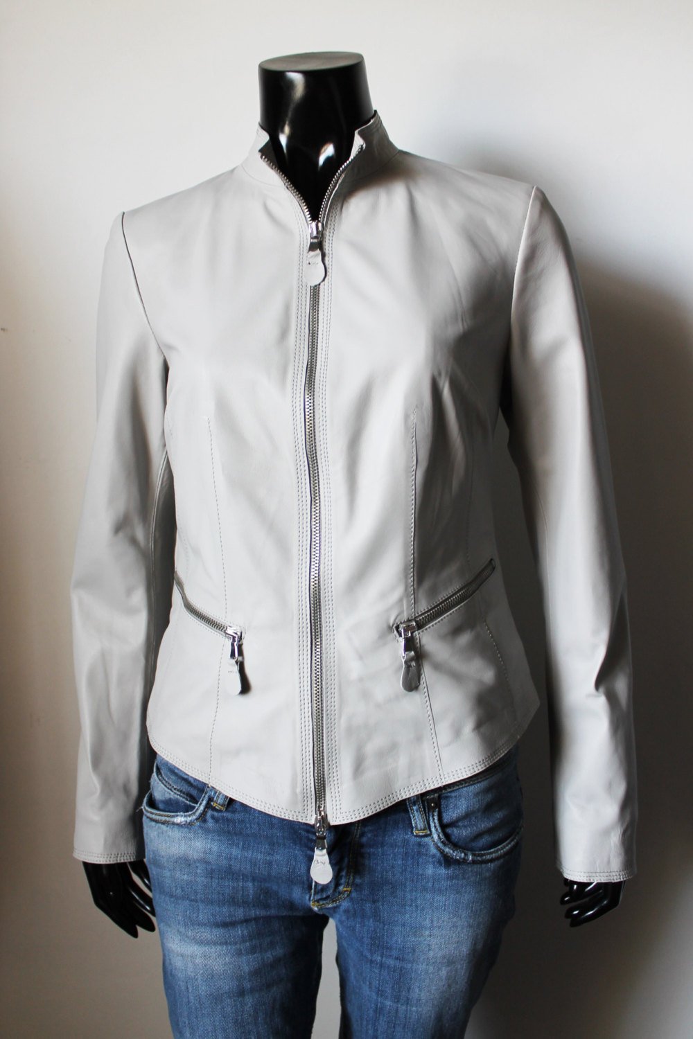 women-soft-genuine (1) Grey zipper Women jacket - Image 1