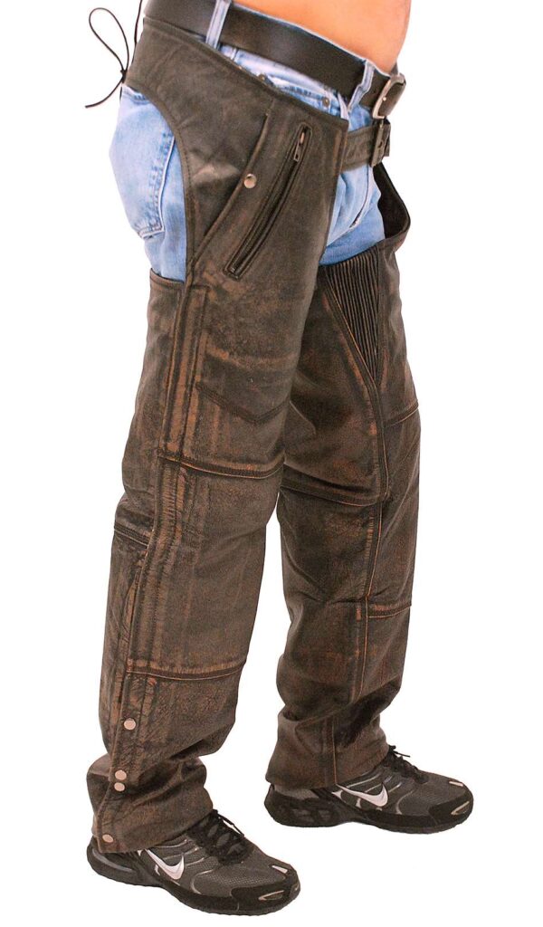 4 Pocket Vintage Brown Leather Chaps Removable Lining Left side