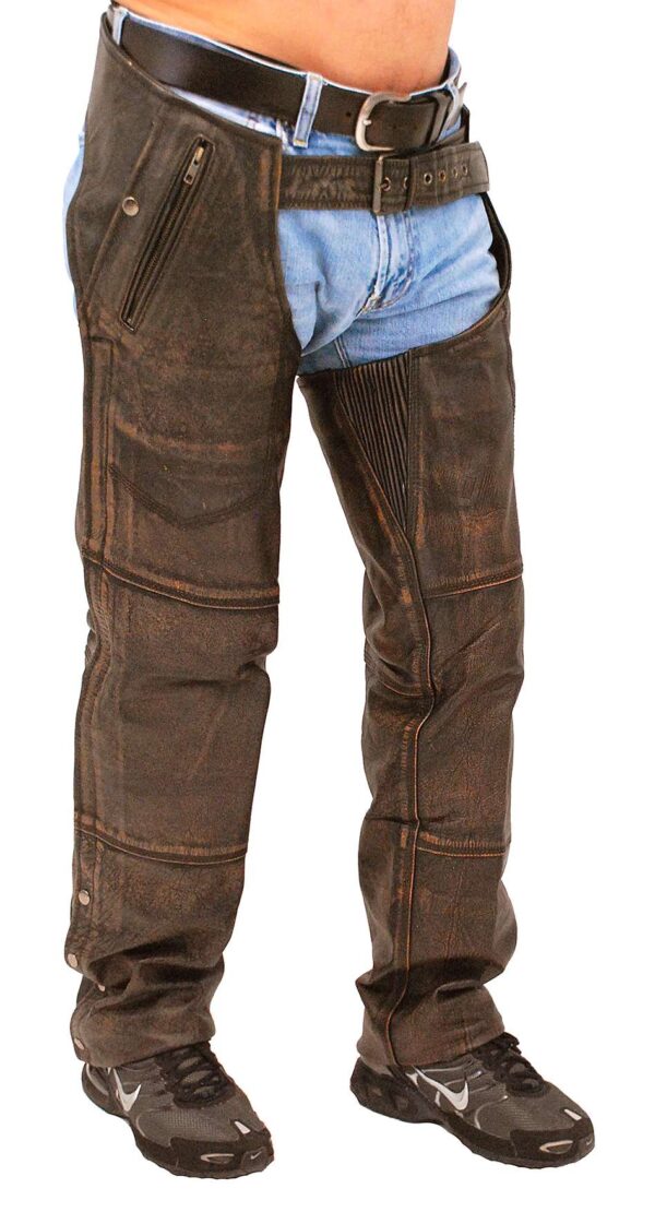 4 Pocket Vintage Brown Leather Chaps Removable Lining Front