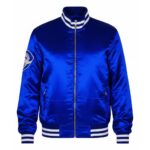 Ben Stiller The Watch Blue Satin Jacket front view with rib-knitted collar, zip-up closure, blue satin finish, and Neighborhood Watch star logo on right arm