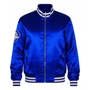 Ben Stiller The Watch Blue Satin Jacket front view with rib-knitted collar, zip-up closure, blue satin finish, and Neighborhood Watch star logo on right arm