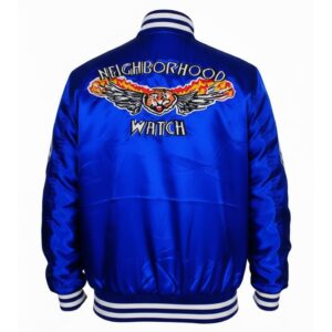 Ben Stiller The Watch Blue Satin Jacket back view featuring bold Neighborhood Watch design on blue satin with ribbed waistband and cuffs